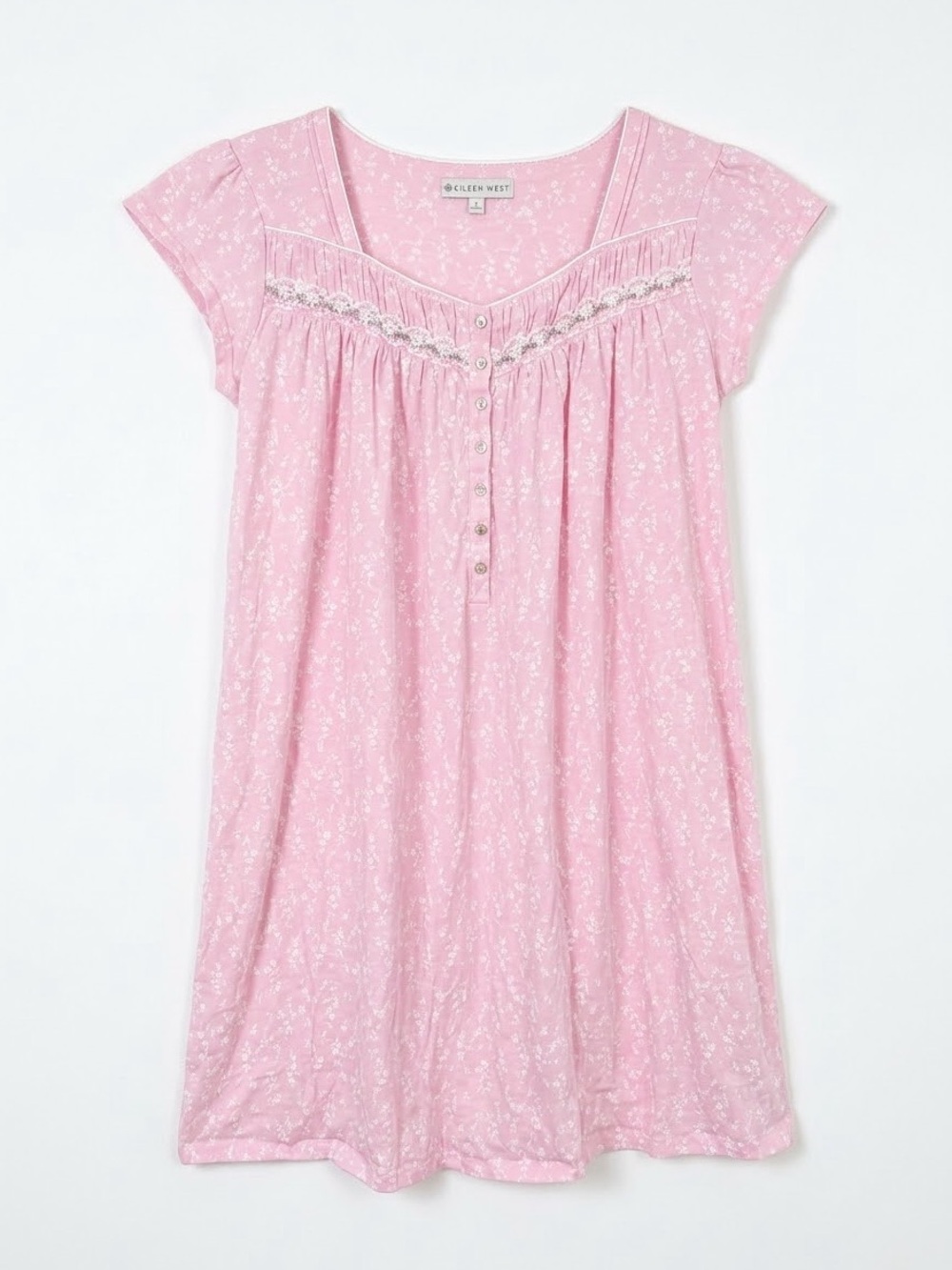 Eileen West Pink Floral Cotton Nightgown Dress Large Lace Trim